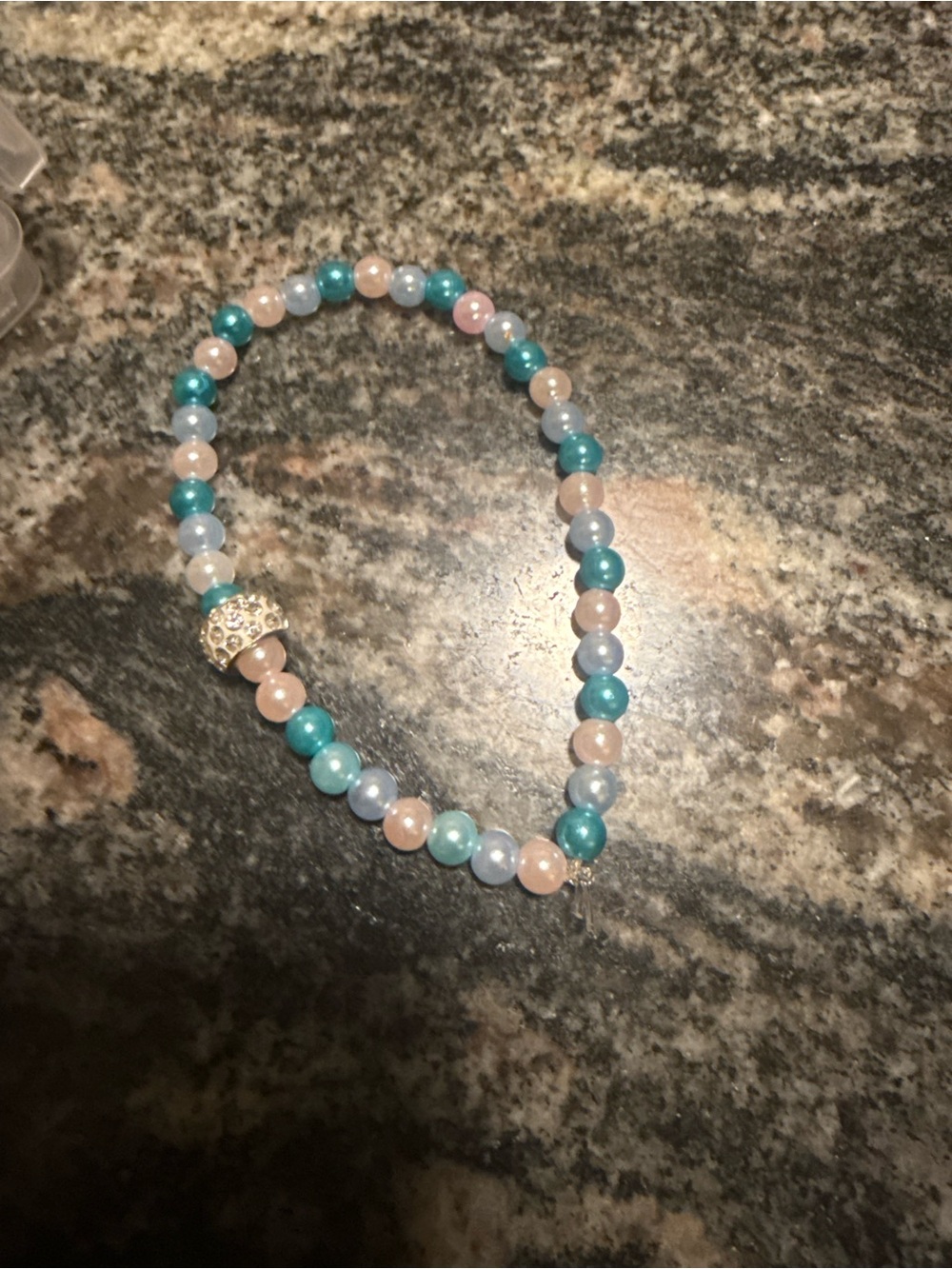 Beaded Stretch Bracelet with Teal, Light Blue and Pink Beads